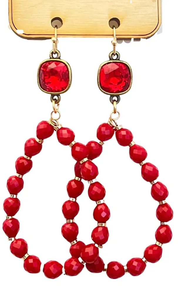 10mm bronze/red cushion cut connector on red bead teardrop earring