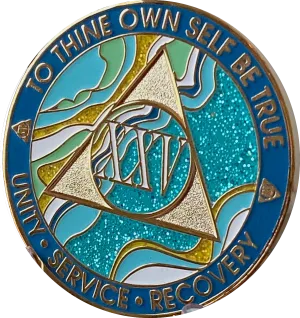 25 Year AA Medallion Elegant Caribbean Aqua Glitter Teal Marble Gold Sobriety Chip