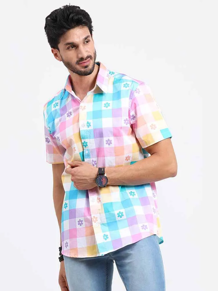 Abstract Rainbow Checks Cotton Half Sleeve Shirt