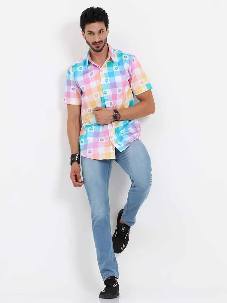 Abstract Rainbow Checks Cotton Half Sleeve Shirt