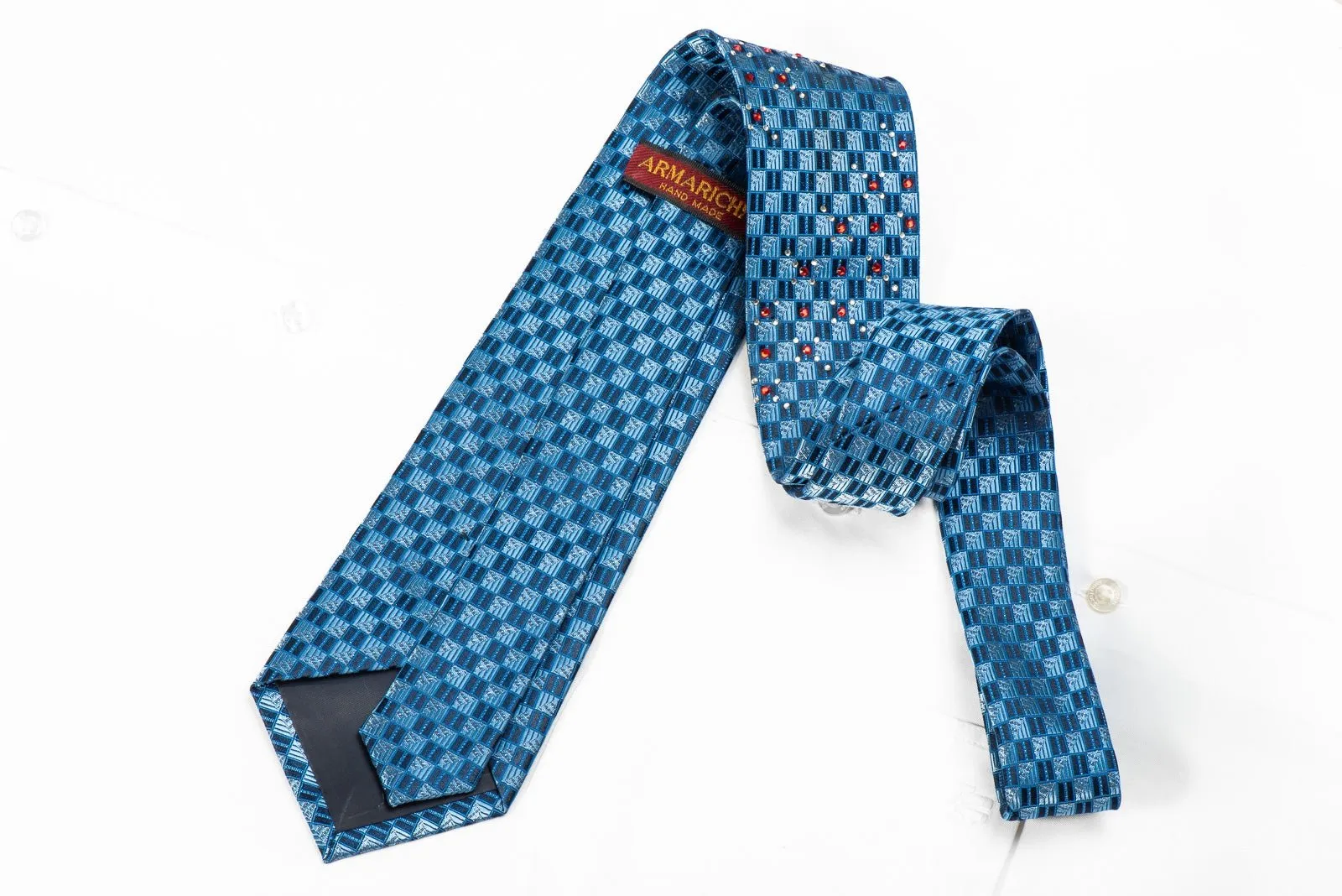 Armarichi Men's Crystal Rhinestone Silk Necktie Blue Checkered With Silver Sparkles