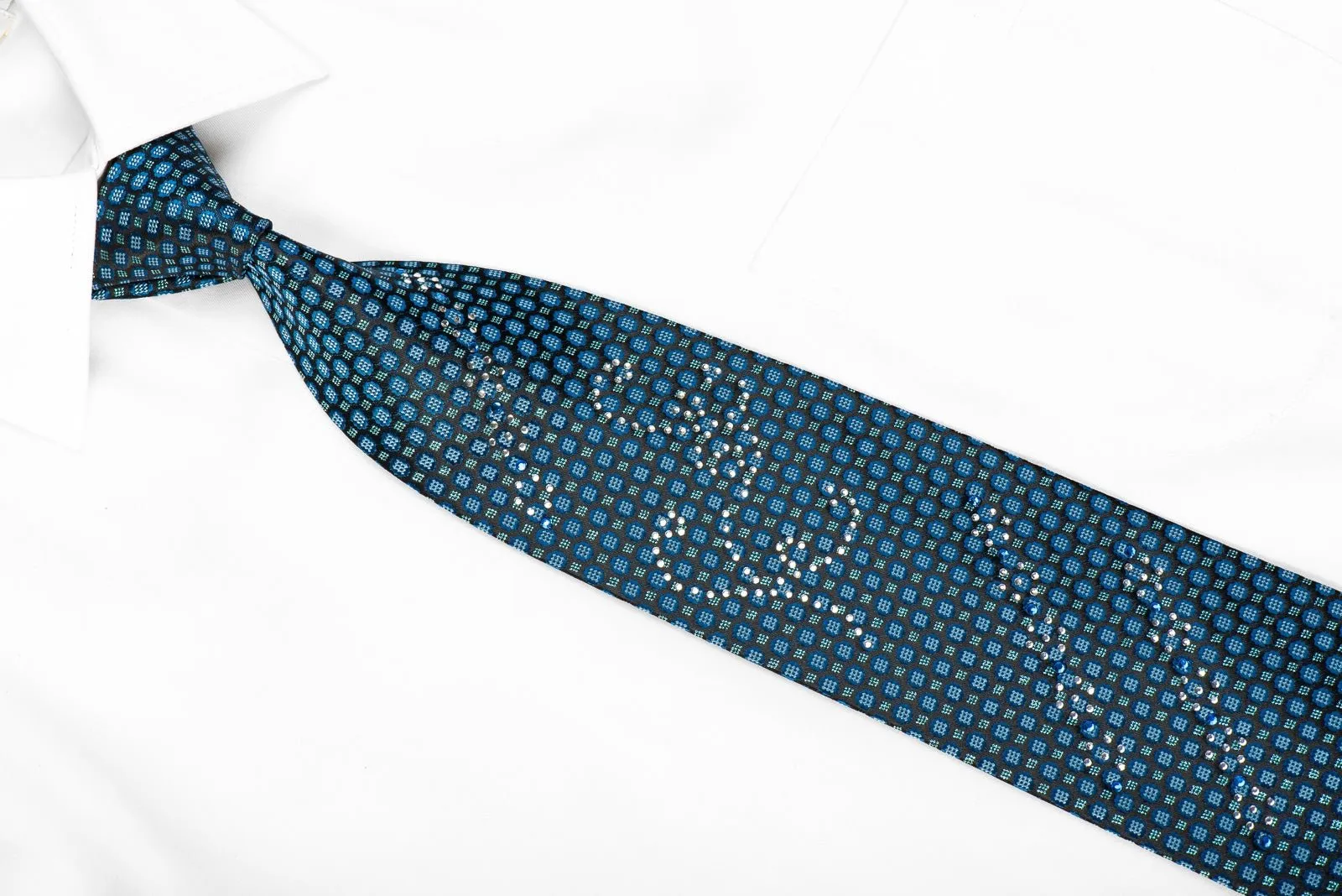 Avolio Men's Crystal Silk Tie Blue Geometric On Black With Blue Sparkles