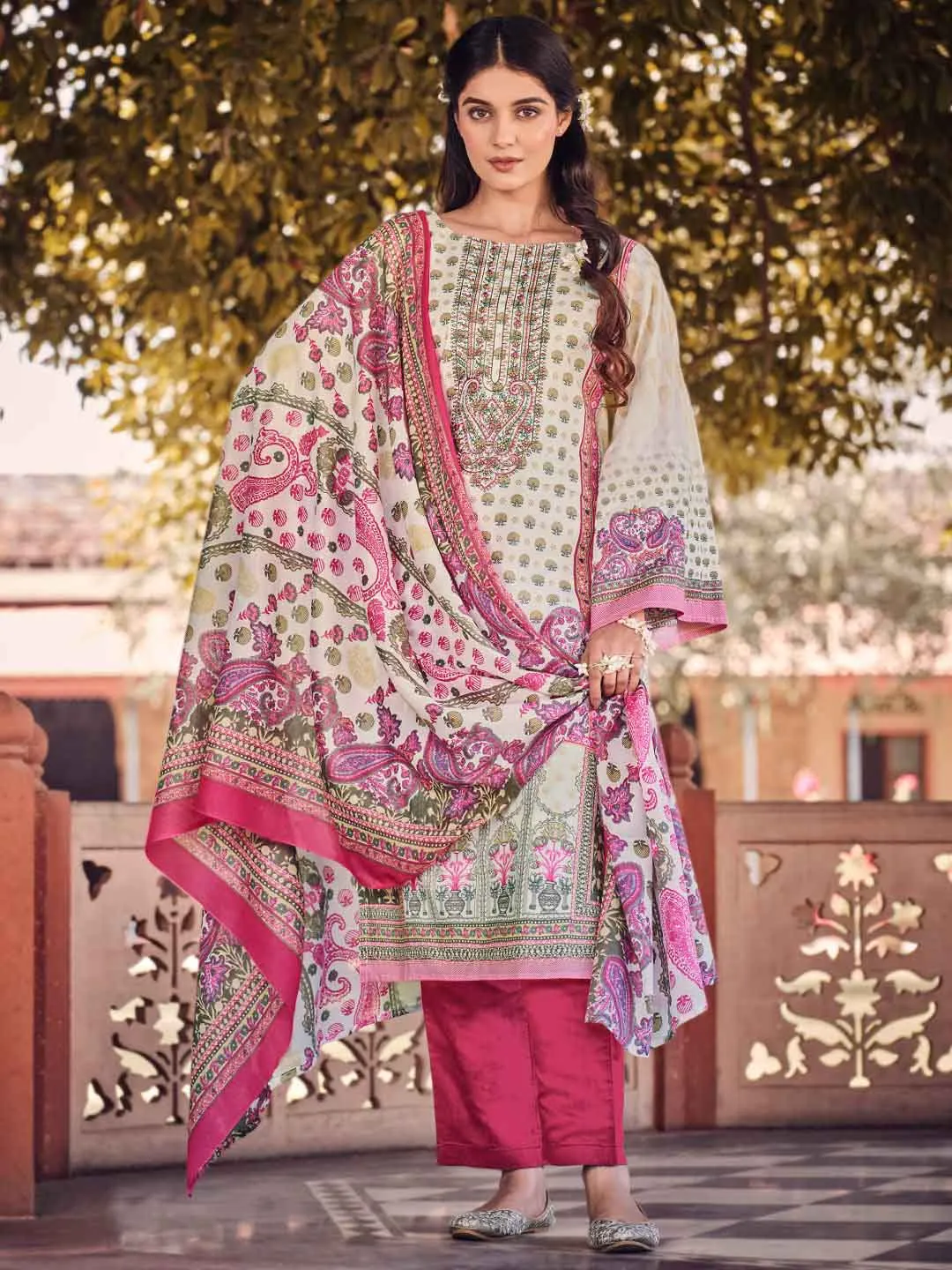 Belliza Pakistani Print Pink Unstitched Cotton Suit Dress Material