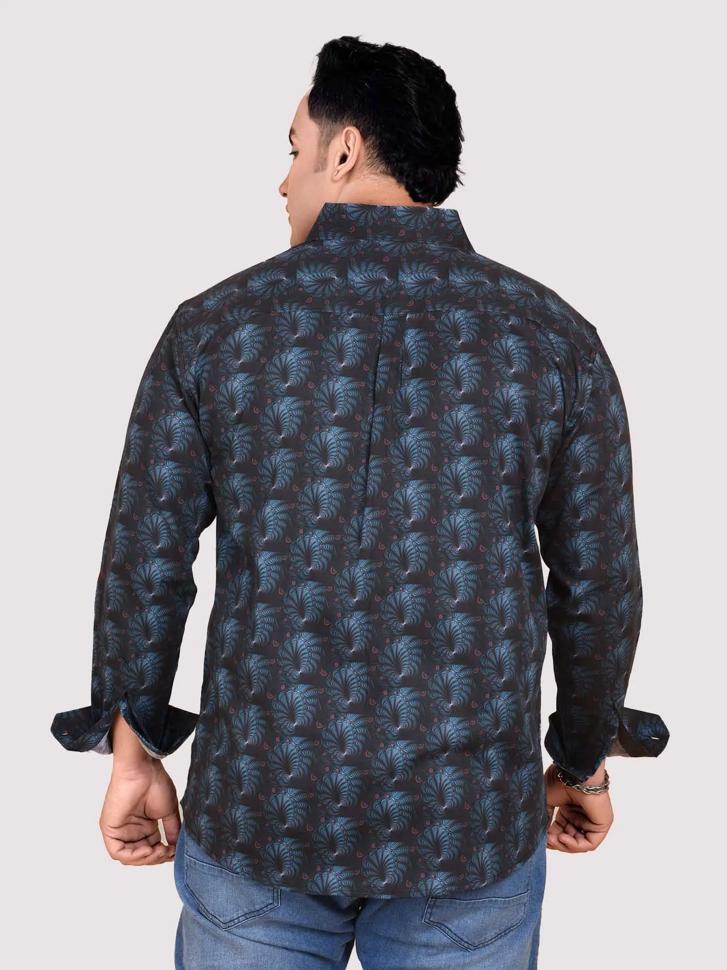 Black and Blue Abstract Flower Printed Cotton Full Sleeve Men's Plus size