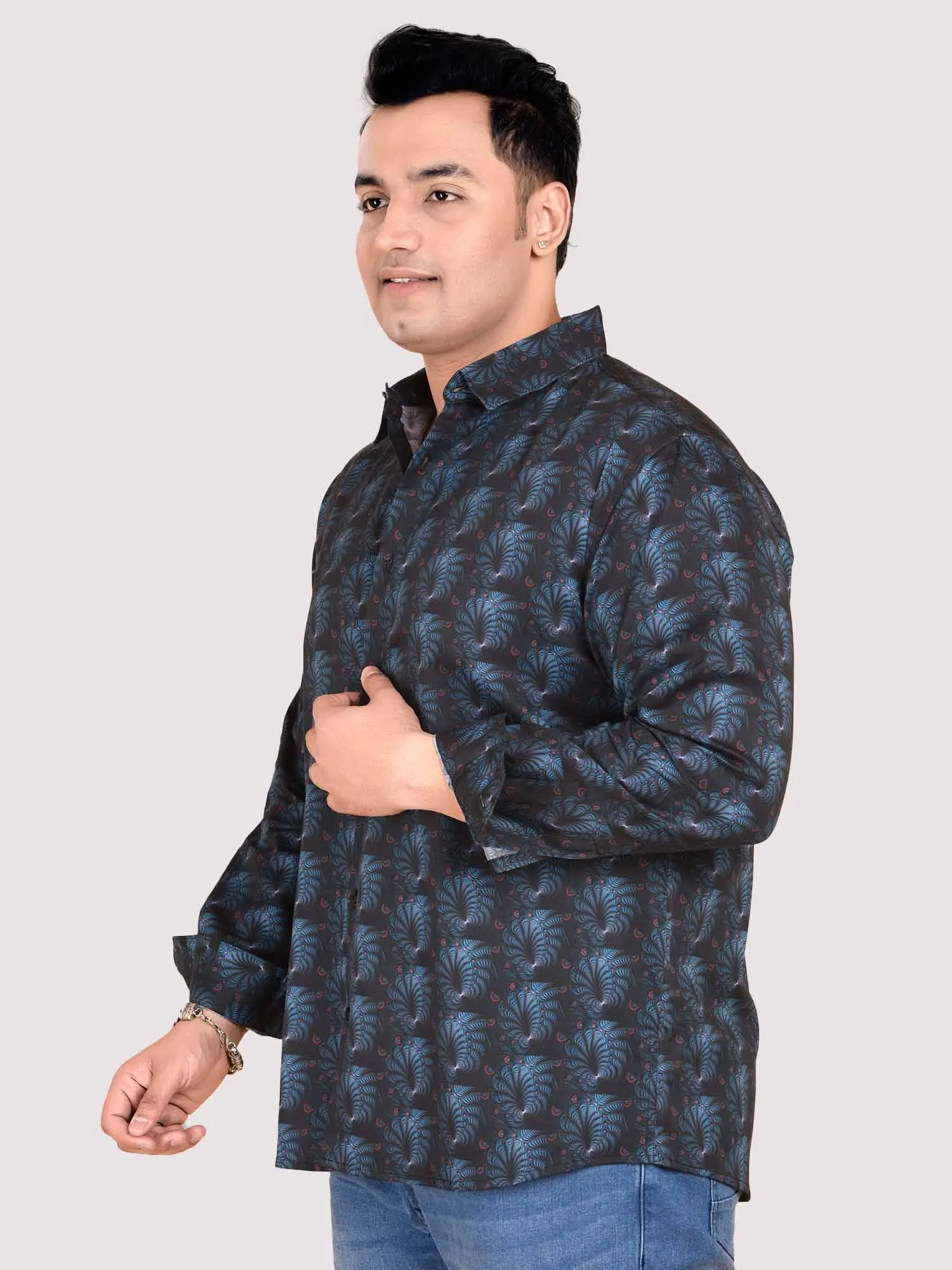 Black and Blue Abstract Flower Printed Cotton Full Sleeve Men's Plus size