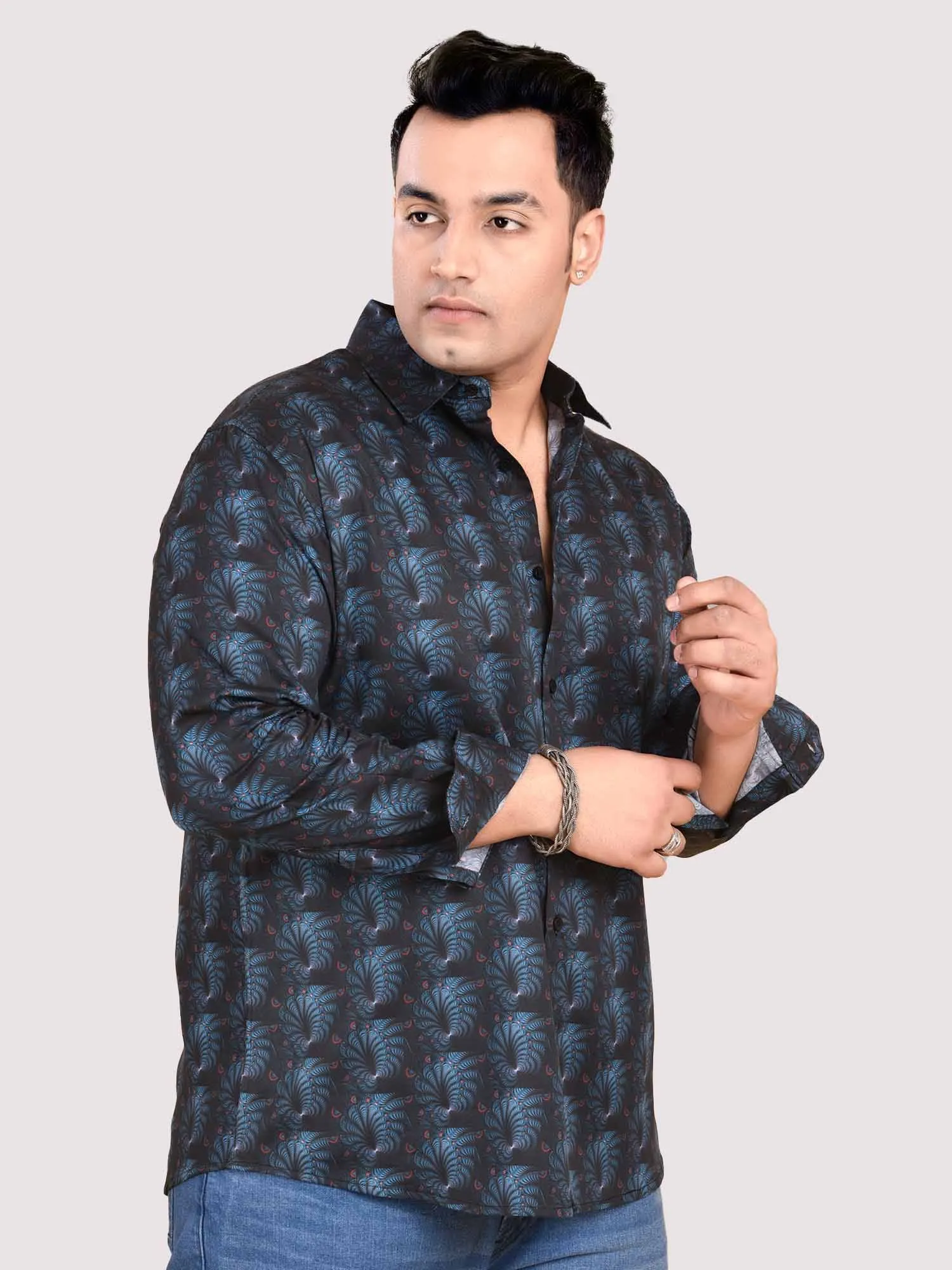 Black and Blue Abstract Flower Printed Cotton Full Sleeve Men's Plus size