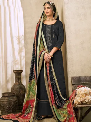 Black Cotton Embroidered Un-Stitched Palazzo Suit Set