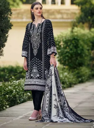 Black Pakistani Print Unstitched Pure Cotton Suit Set with Embroidery