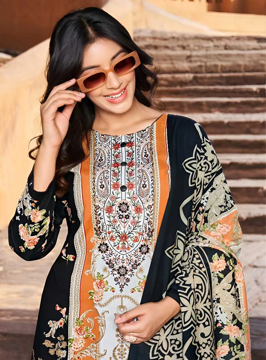 Black Pure Cotton Cambric Pakistani Print Unstitched Suit Set for Women