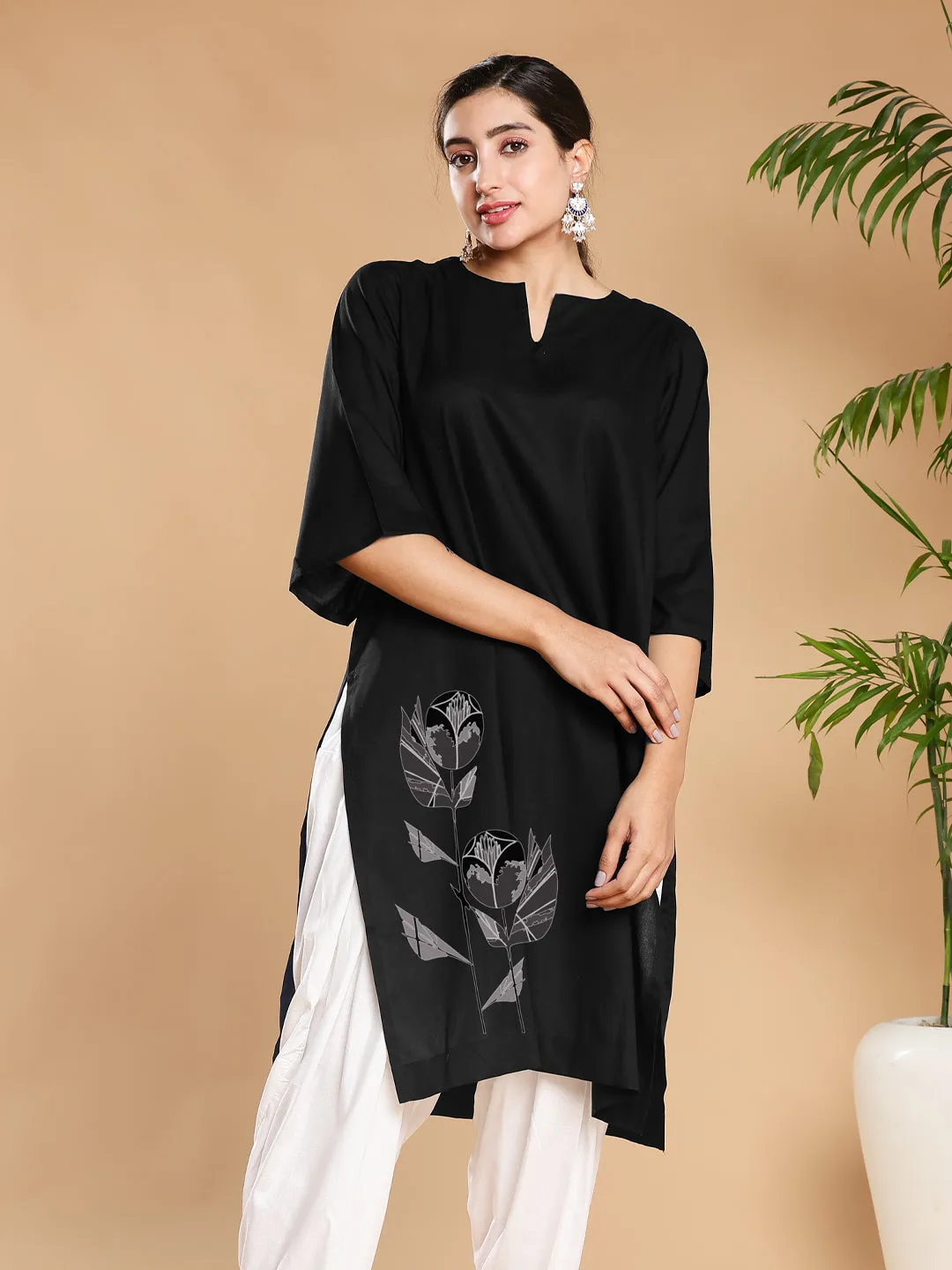 Black Rayon LongKurta - BlackFlower