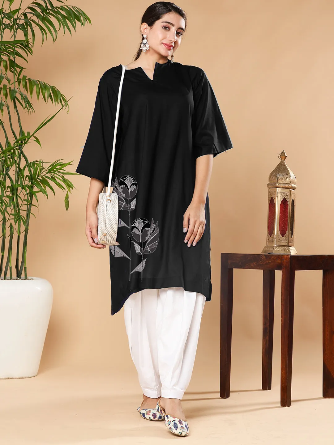 Black Rayon LongKurta - BlackFlower