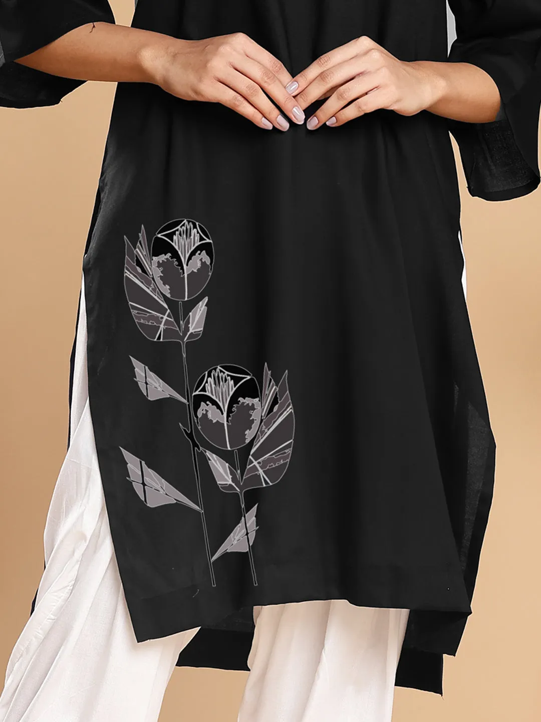 Black Rayon LongKurta - BlackFlower