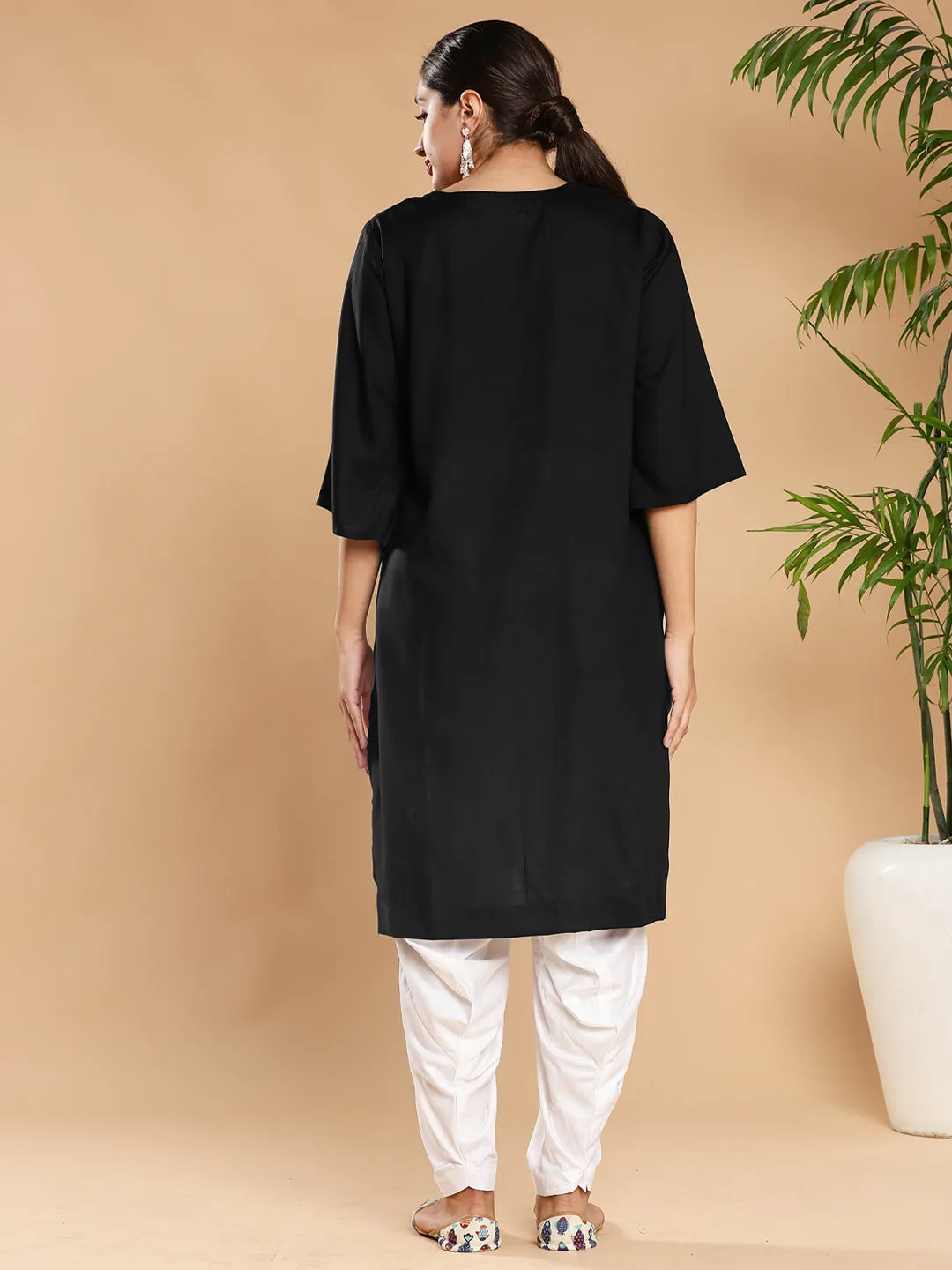 Black Rayon LongKurta - BlackFlower