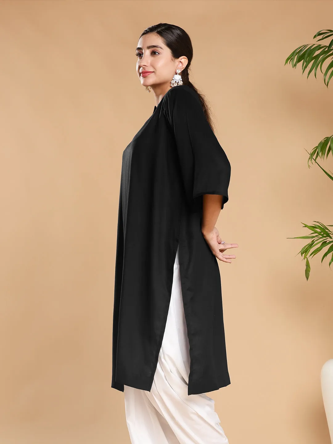 Black Rayon LongKurta - BlackFlower