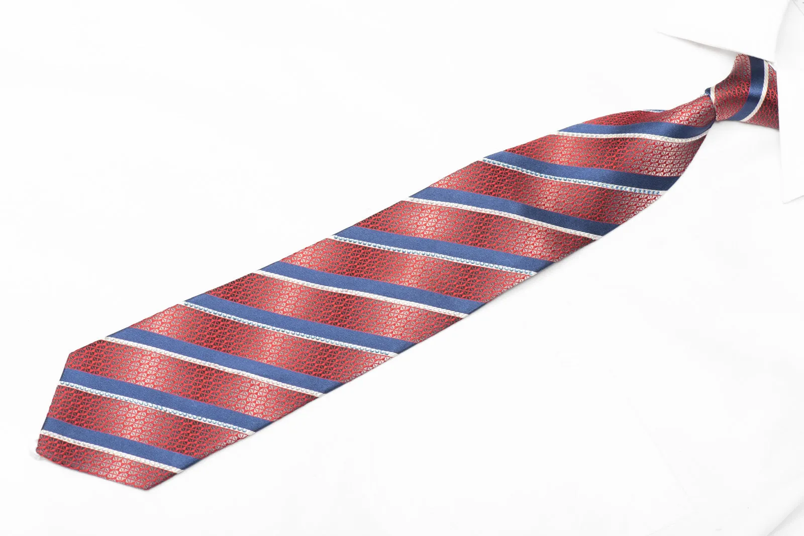 Blue Silver Red Striped Rhinestone Silk Tie