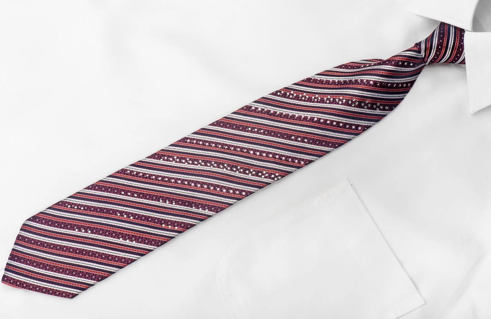 Boy London Men's Crystal Rhinestone Necktie Blue Silver Red Striped With Sparkles