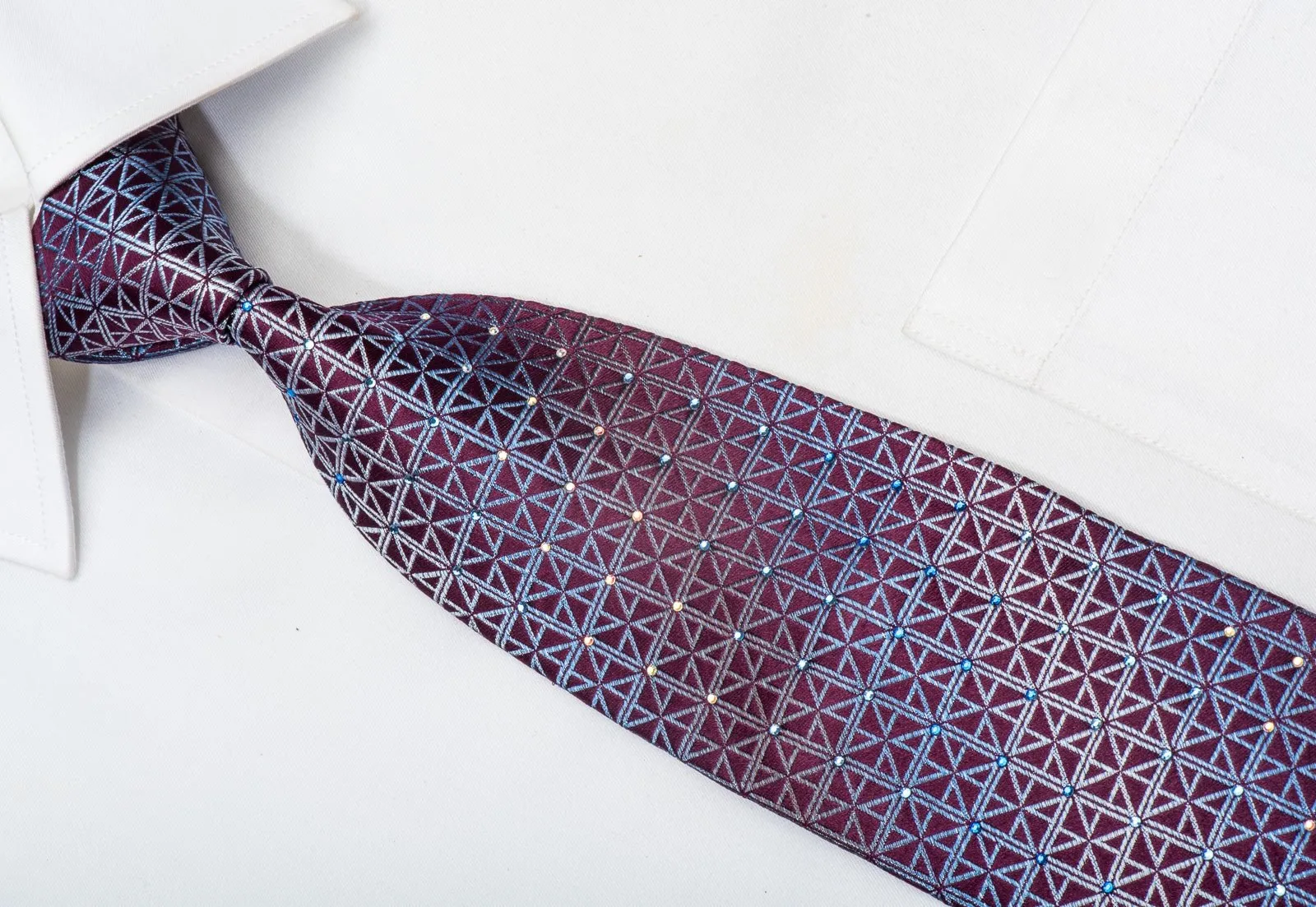 Brentwood Men's Silk Necktie Blue Trellis On Burgundy Sparkling With Rhinestones