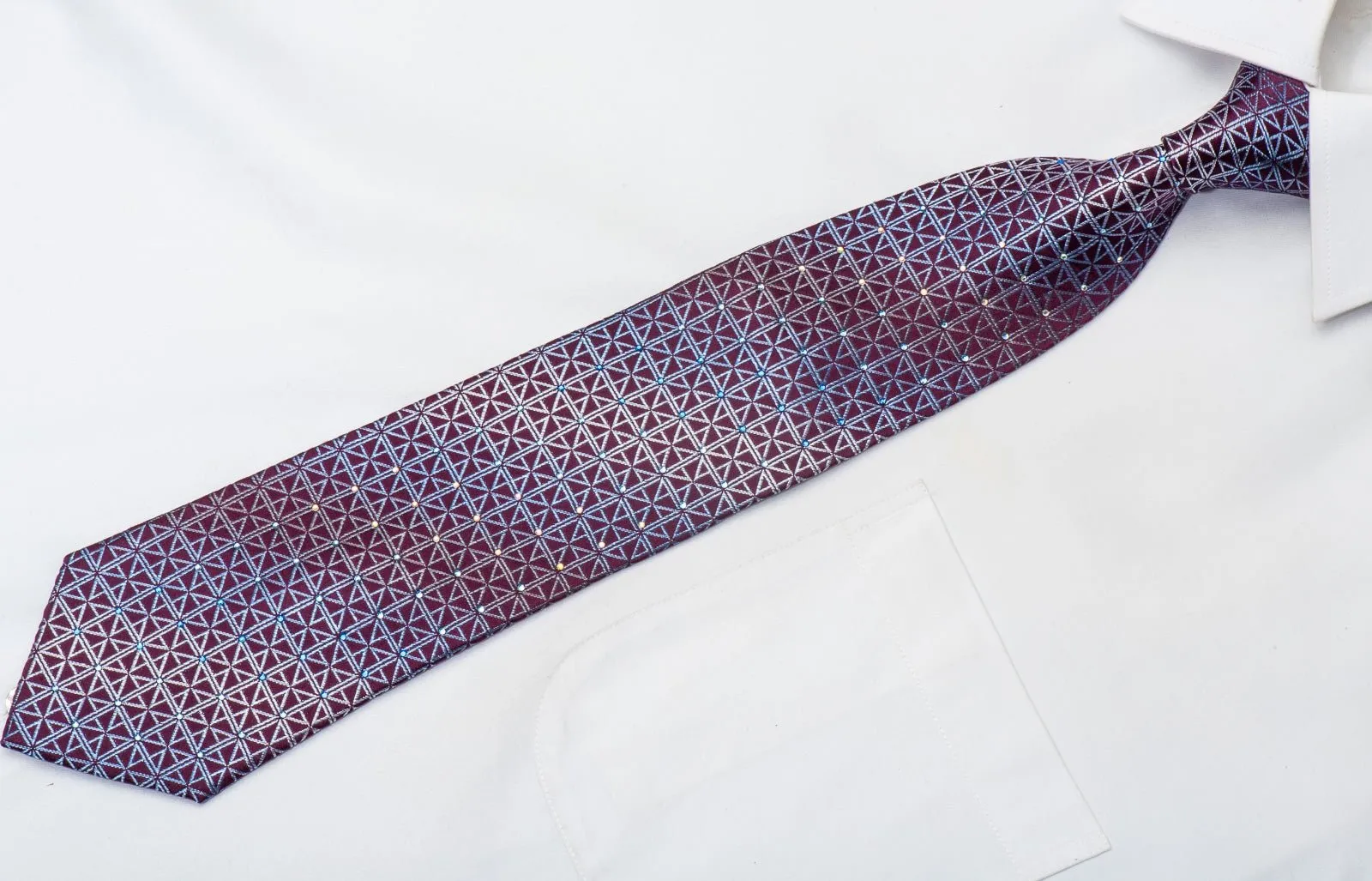 Brentwood Men's Silk Necktie Blue Trellis On Burgundy Sparkling With Rhinestones