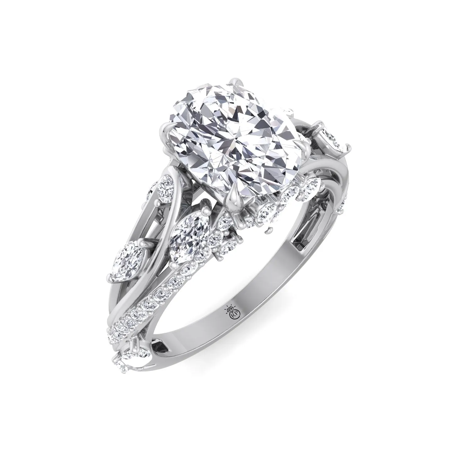 Bruna - Oval Cut Engagement Ring with Marquise and Round Sidestones