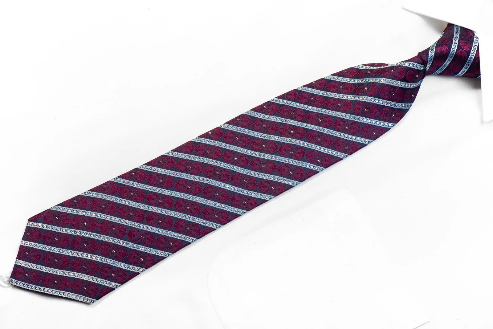 Bruno Baffi Mens Silk Rhinestone Necktie Stripes On Navy