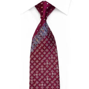 Cabrini Rhinestone Silk Necktie Burgundy Blue Cartouche On Brown With Sparkles