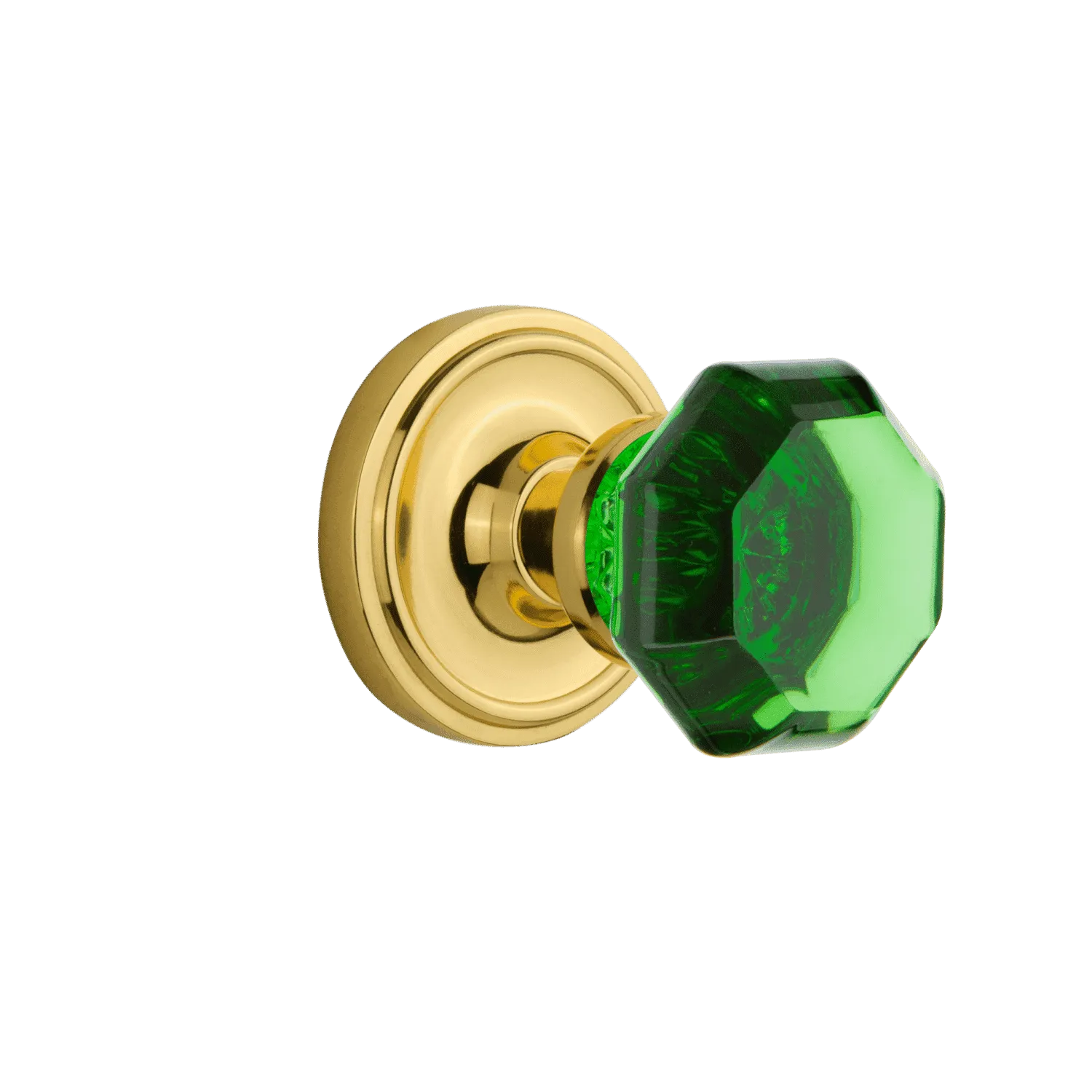 Classic Rosette with Emerald Waldorf Knob in Unlacquered Brass