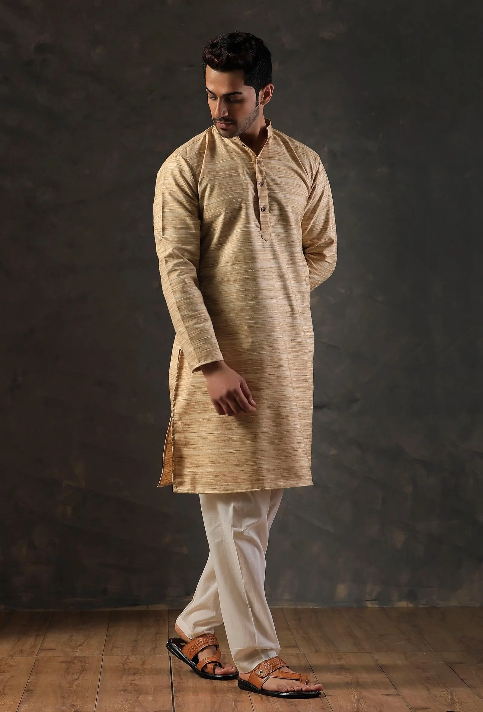 Cream Beige Silk Kurta with Cotton Pyjama