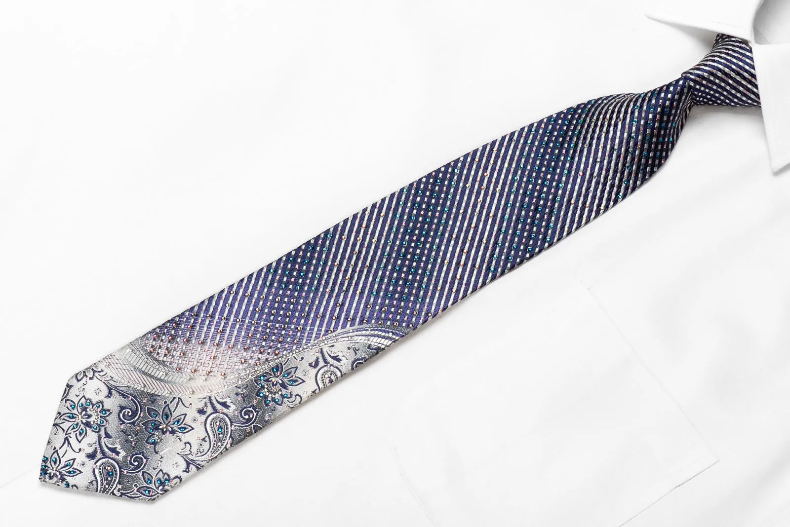 Daks Men's Crystal Silk Necktie Silver Blue Striped & Floral With Silver Sparkles