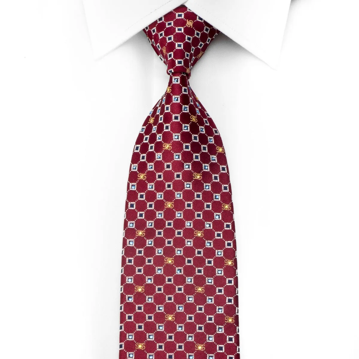 Daks Men's Crystal Tie Trellis Micro Squares On Burgundy With Gold Sparkles