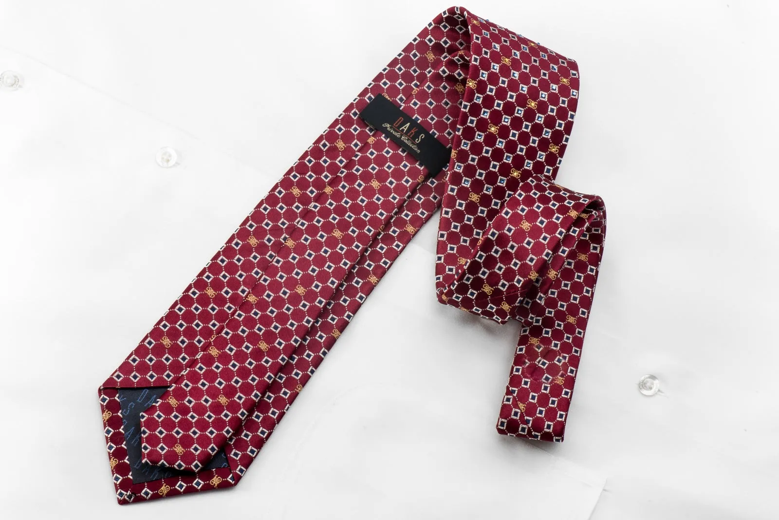 Daks Men's Crystal Tie Trellis Micro Squares On Burgundy With Gold Sparkles