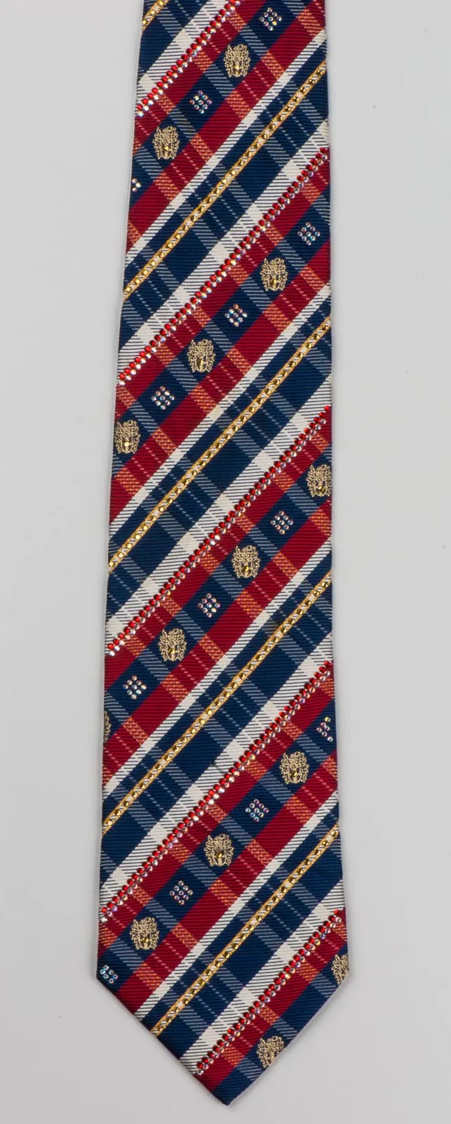 Daks Men's Silk NeckTie Burgundy Blue Stripes With Checks Sparkles & Rhinestones