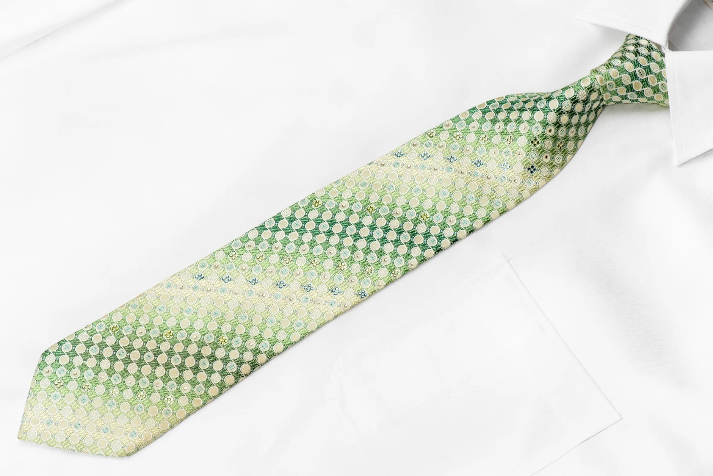 Daks Men's Woven Silk Crystal Tie Geometric Circles On Green With Blue Sparkles