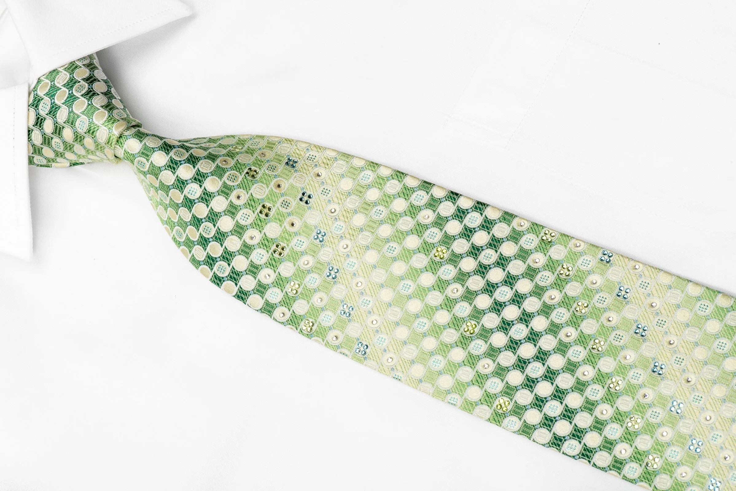 Daks Men's Woven Silk Crystal Tie Geometric Circles On Green With Blue Sparkles