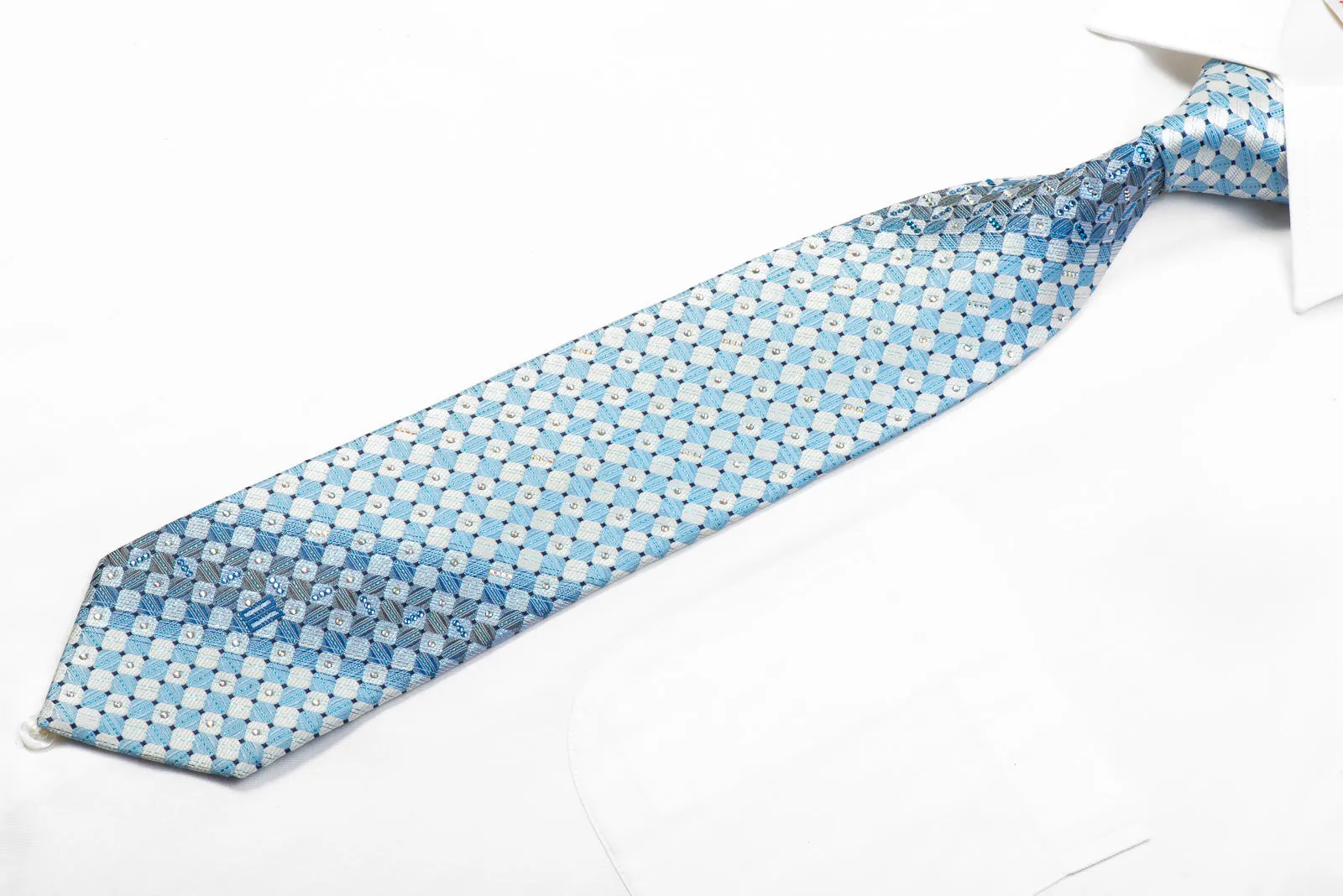 Daks Rhinestone Silk Tie Light Blue Silver Checkered With Metallic Blue Sparkles