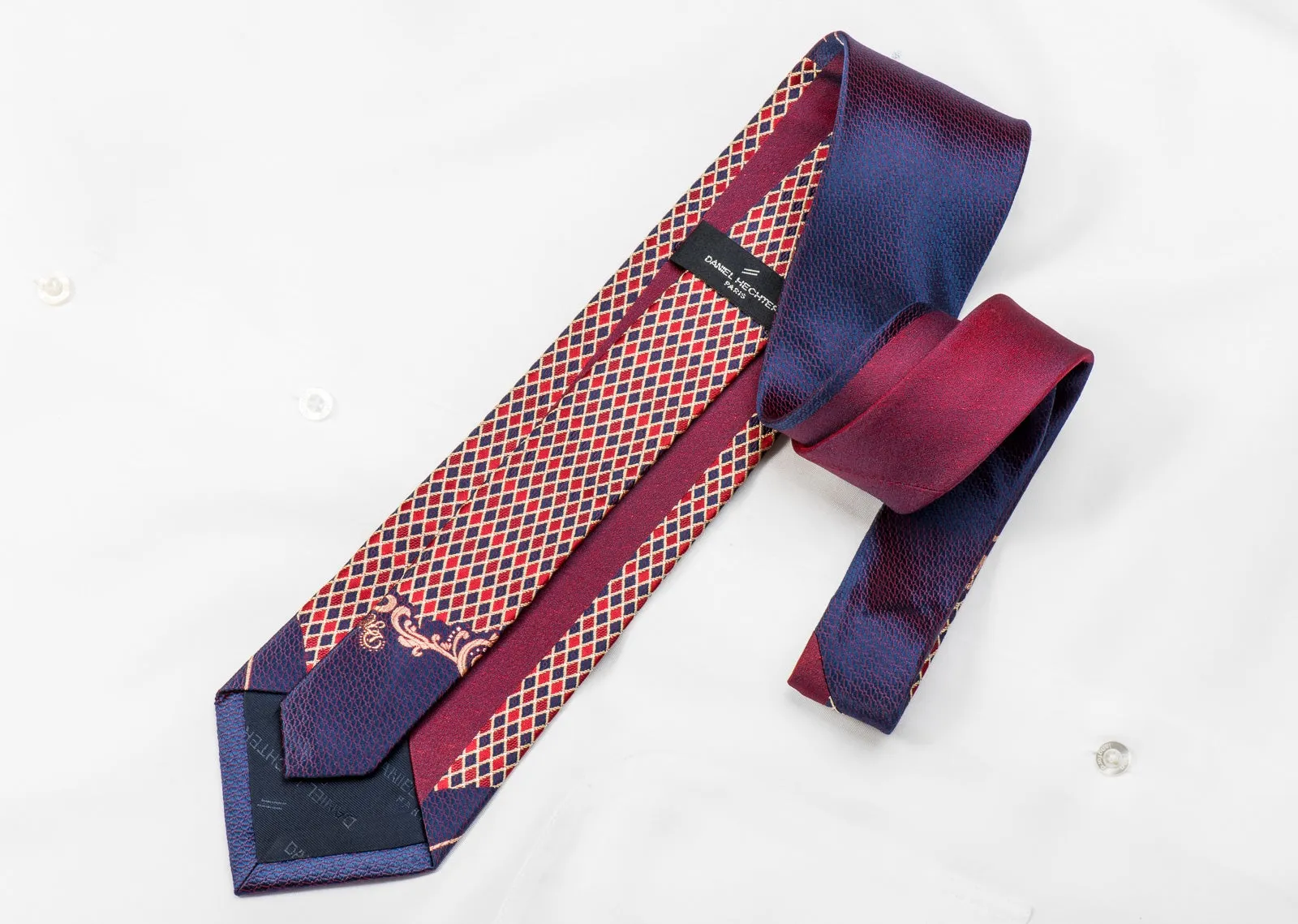 Daniel Hechter Men's Crystal Silk Tie Red Gold Harlequin Checker On Dark Blue With Gold Sparkles