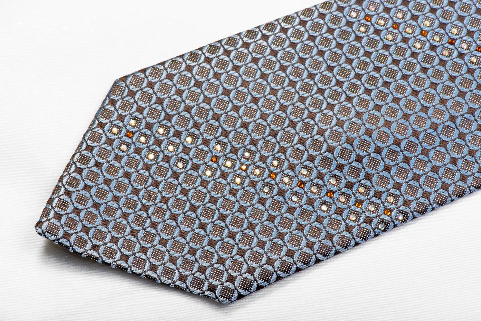 Daniel Hechter Men's Rhinestone Silk Necktie Blue Geometric On Brown With Silver Sparkles