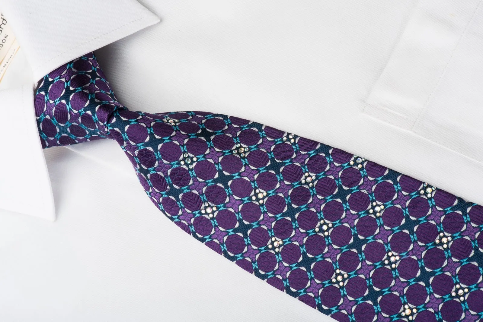 Daniel Hechter Mens Silk Necktie Purple Dots On Blue With Sparkling Rhinestones