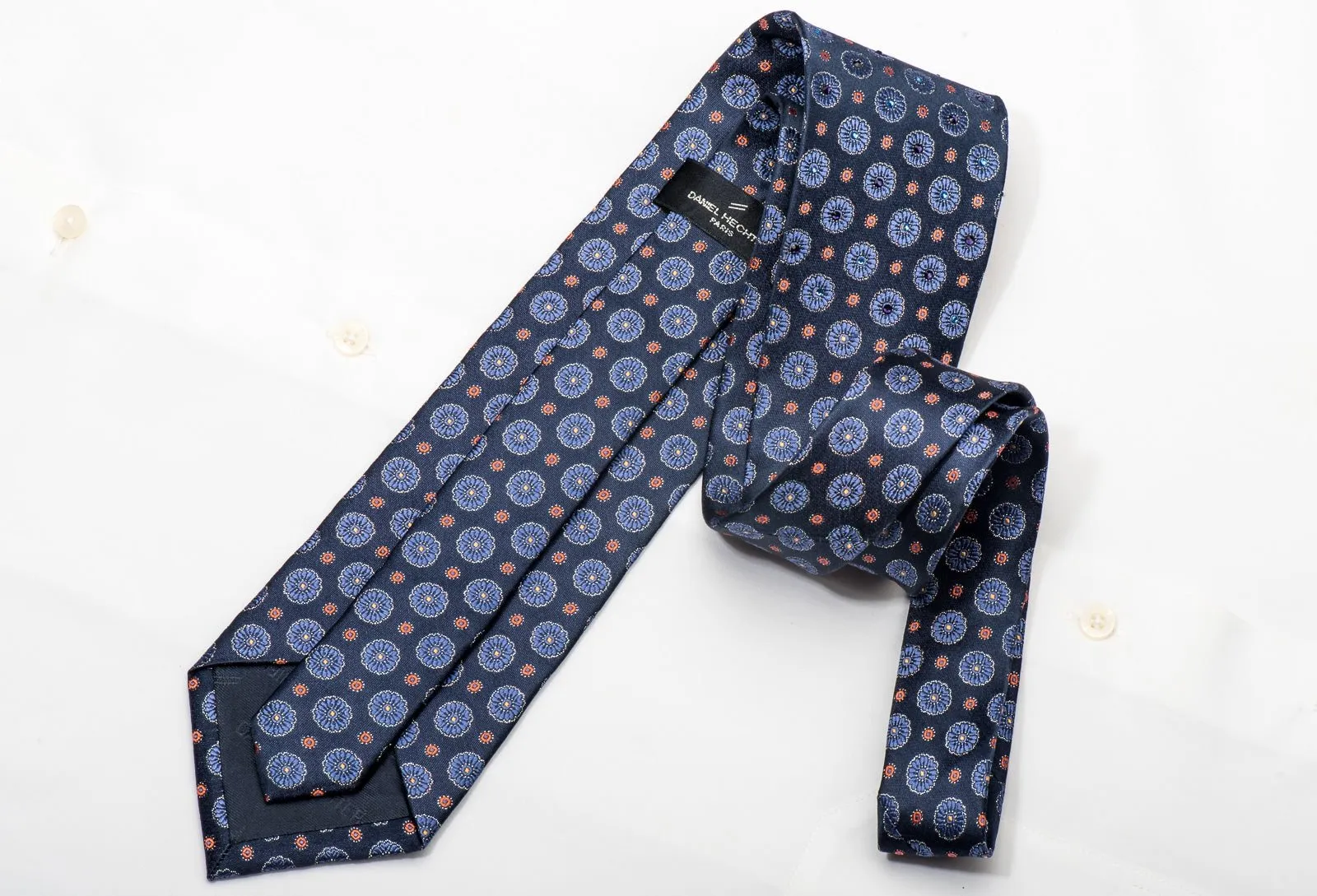 Daniel Hechter Men's Silk Tie Floral On Blue Sparkling With Rhinestones