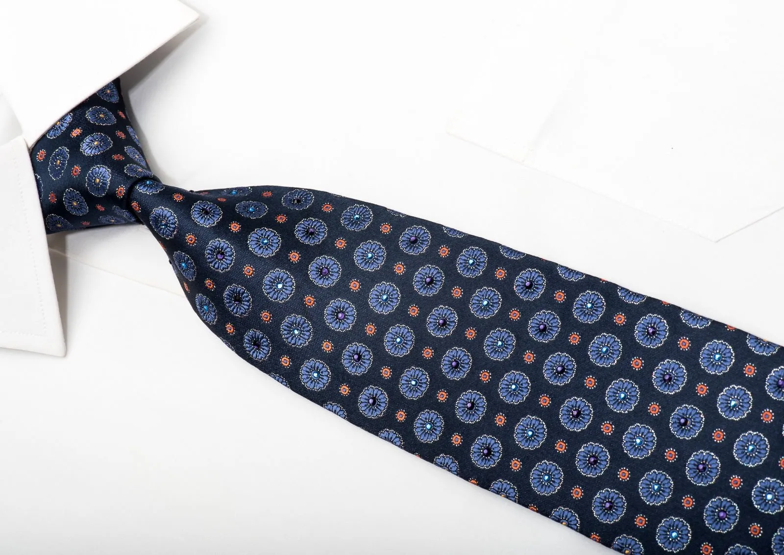 Daniel Hechter Men's Silk Tie Floral On Blue Sparkling With Rhinestones