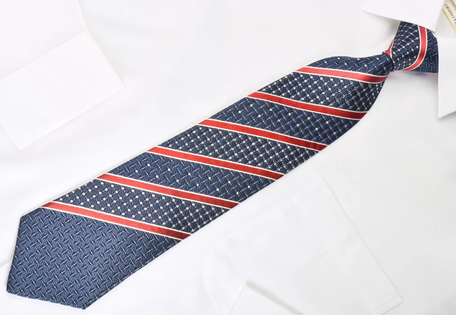 Dumonde Rhinestone Silk Necktie Red Stripes On Blue With Silver Sparkles