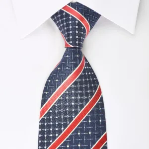 Dumonde Rhinestone Silk Necktie Red Stripes On Blue With Silver Sparkles