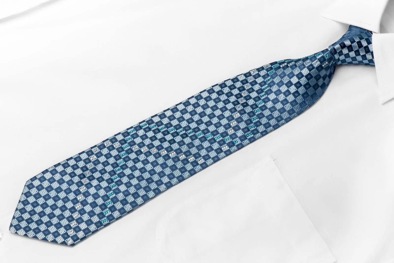 Elegance Men's Crystal Silk Necktie Blue Checkered With Silver Sparkles