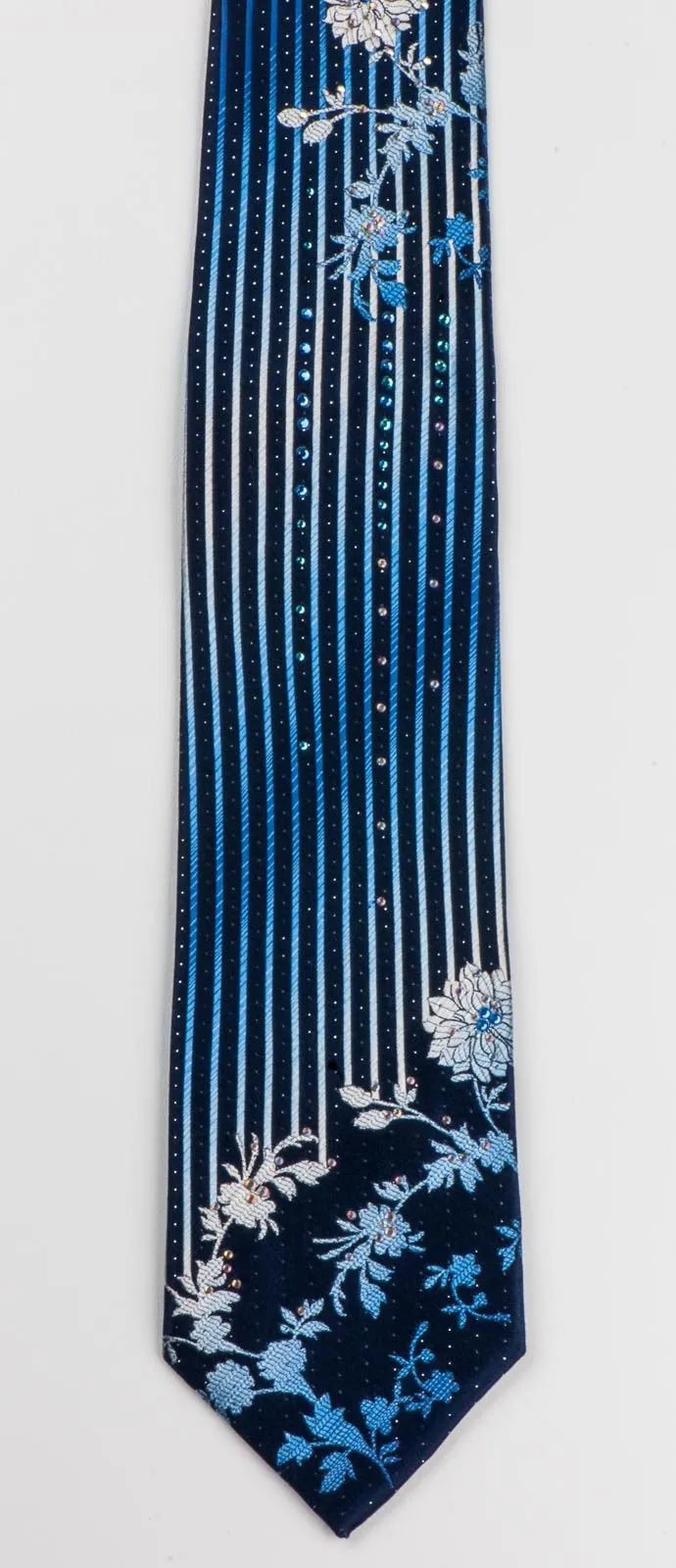 Elegance Men's Silk Neck Tie Floral & Vertical Striped On Blue With Rhinestones