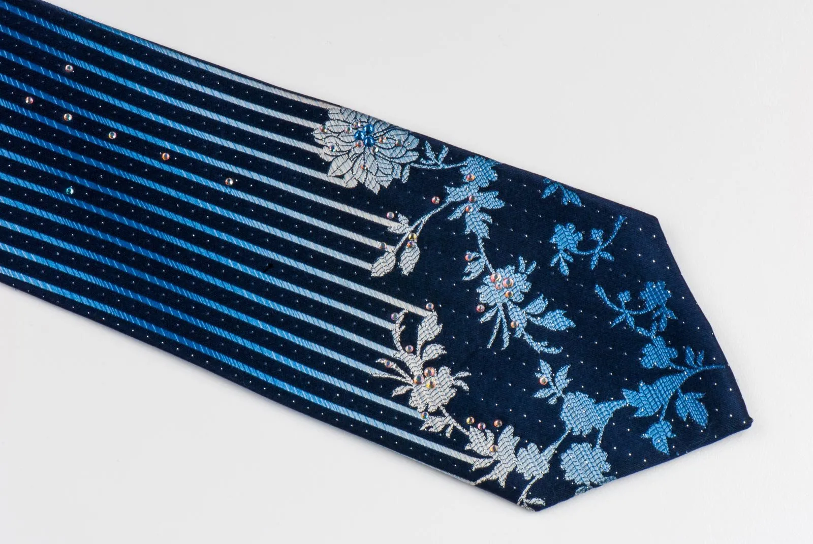 Elegance Men's Silk Neck Tie Floral & Vertical Striped On Blue With Rhinestones