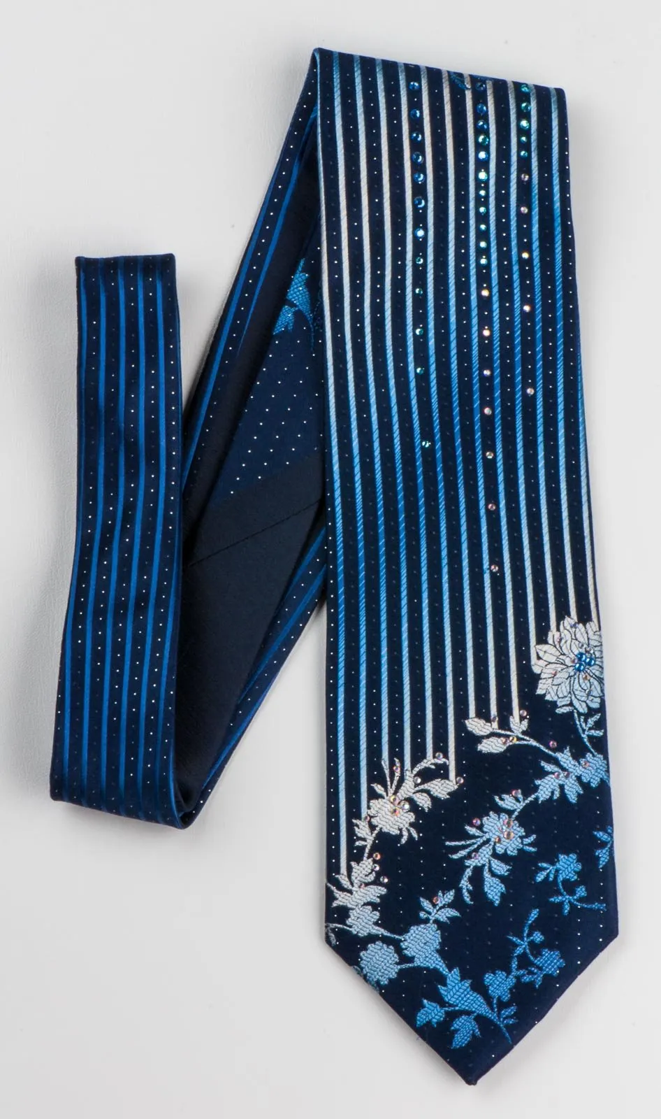 Elegance Men's Silk Neck Tie Floral & Vertical Striped On Blue With Rhinestones