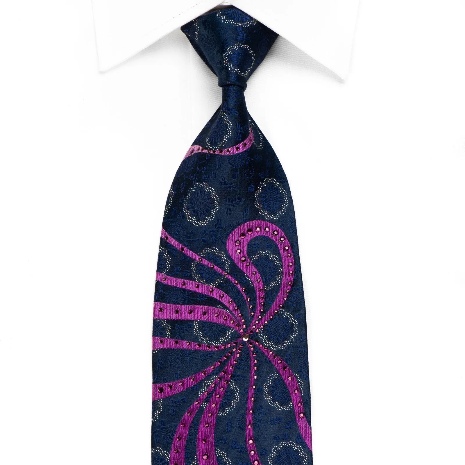 Elle Homme Men's Crystal Silk Necktie Purple Waves & Floral On Navy Blue With Silver Sparkles