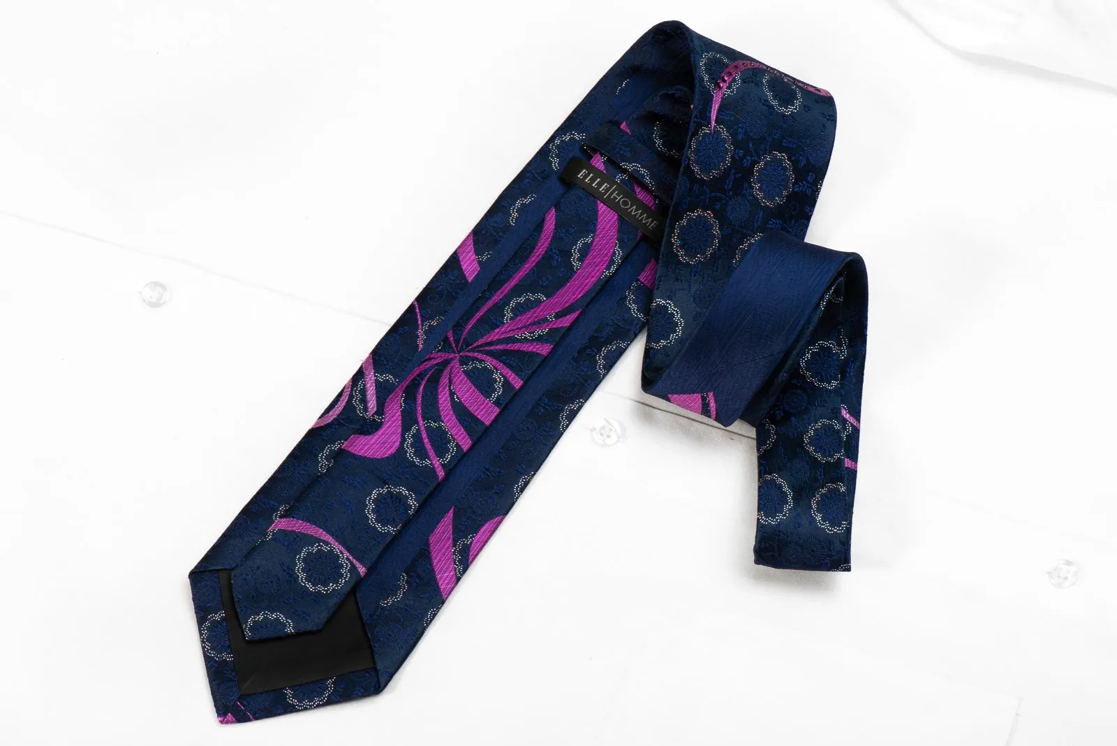 Elle Homme Men's Crystal Silk Necktie Purple Waves & Floral On Navy Blue With Silver Sparkles