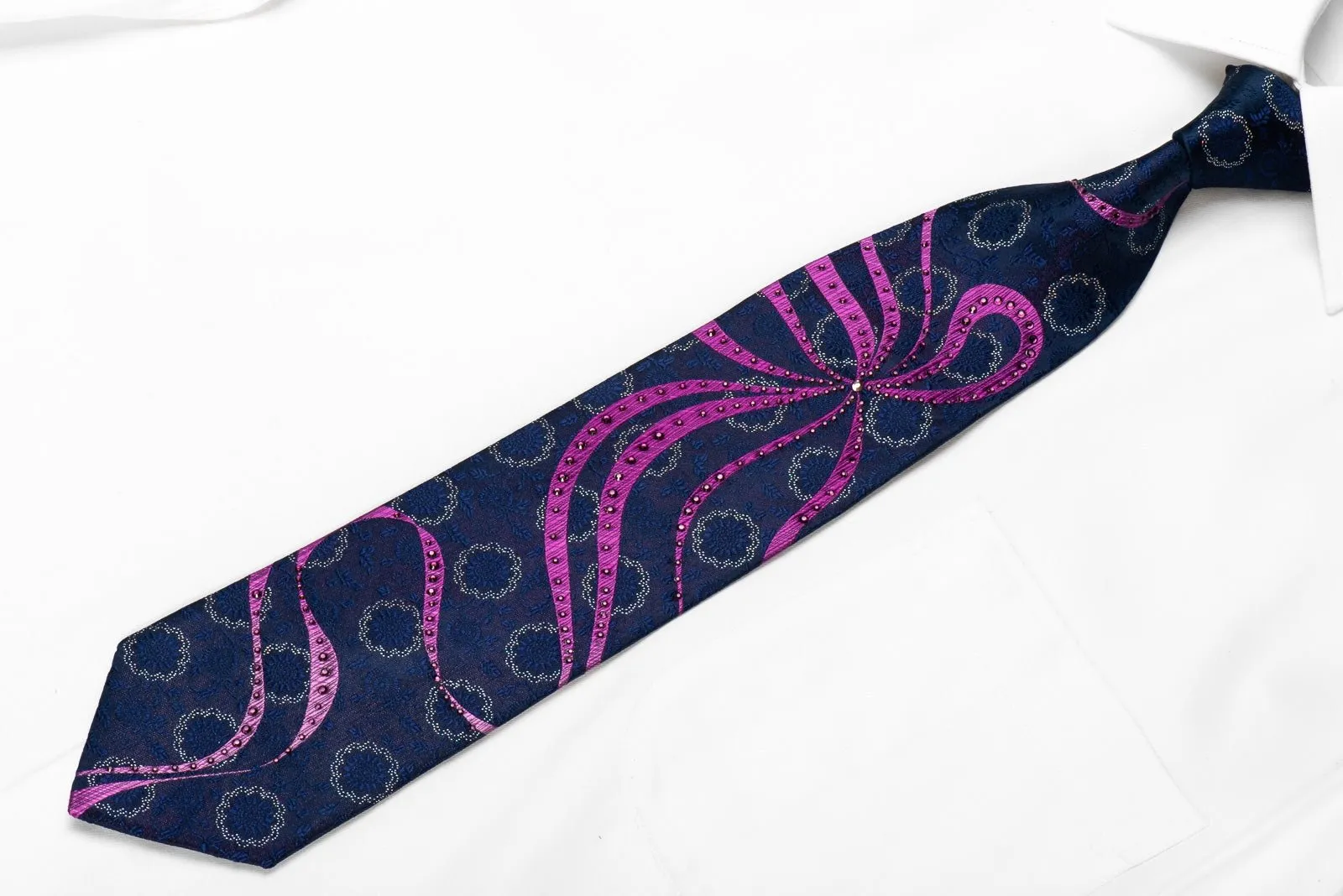 Elle Homme Men's Crystal Silk Necktie Purple Waves & Floral On Navy Blue With Silver Sparkles