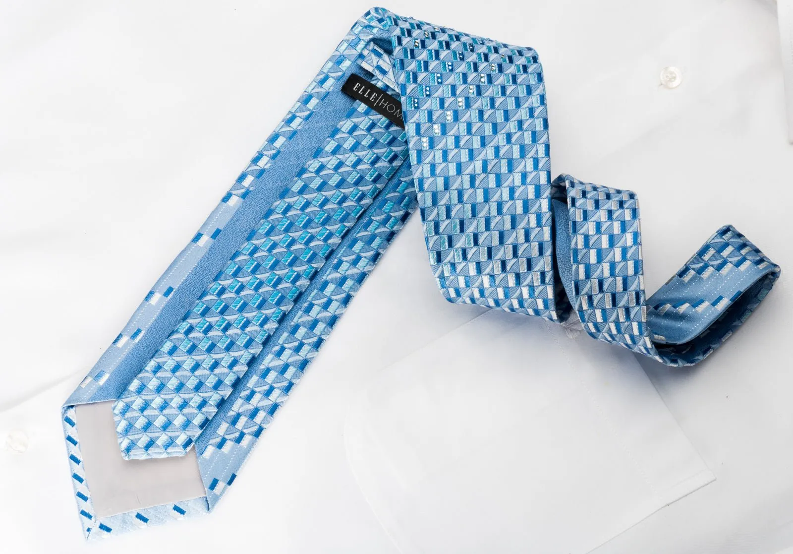 Elle Homme Rhinestone Woven Silk Necktie Geometric On Blue With Silver Sparkles