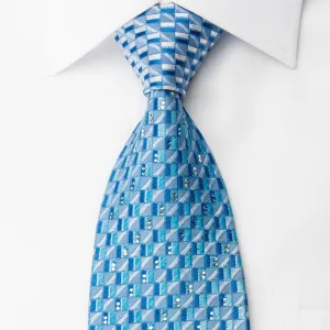 Elle Homme Rhinestone Woven Silk Necktie Geometric On Blue With Silver Sparkles